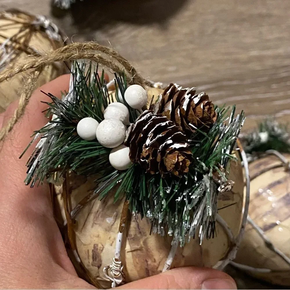 Large birch bark rustic glitter snowy holiday Christmas tree Ornaments set of 4